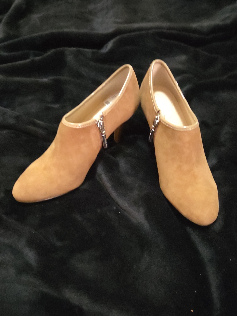 Calvin Klein Tan Suede Mule Booties with Decorative Side Zipper